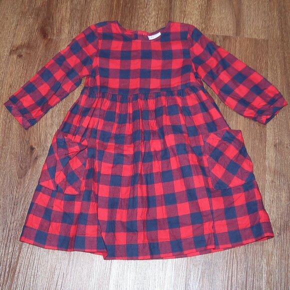 Girls Hanna Andersson Buffalo Plaid Flannel Pocket Dress Red Navy Blue 120 6/7 - Picture 2 of 4
